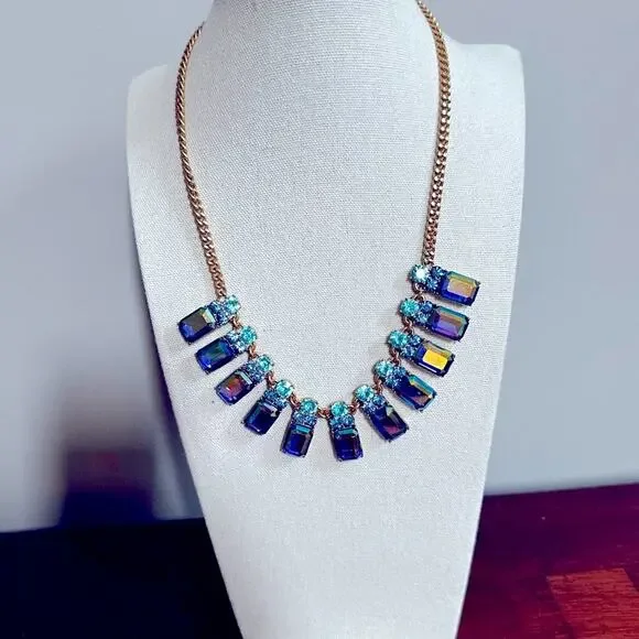 J. Crew Rare Brûlée Iridescent Blue Teal Crystal Gem Statement Necklace * flaw - Picture 1 of 16